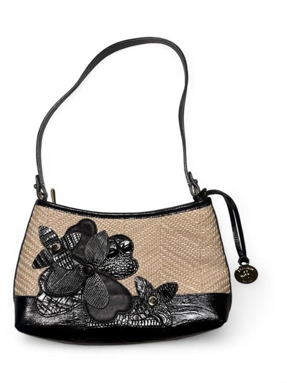 Brahmin Black & Natural Woven Straw Floral Appliqué Shoulder Bag